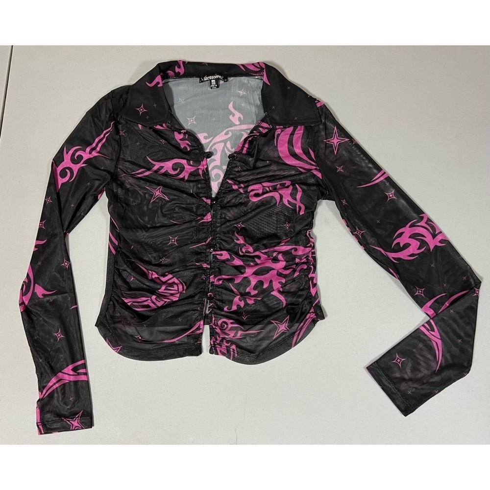 Dolls Kill Horoscopez ‘Cosmic Ink’ Mesh Tattoo Graphic Shirt Top Blouse Size M
